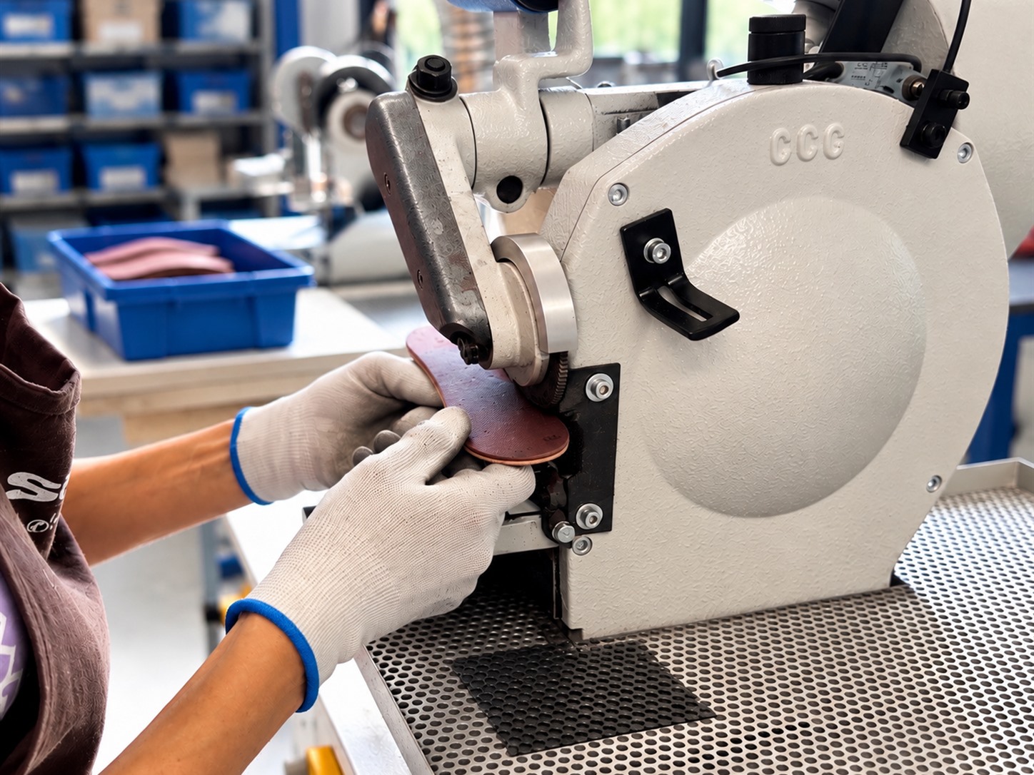 Lavorazione manuale di un sottopiede nel reparto produttivo IPC
