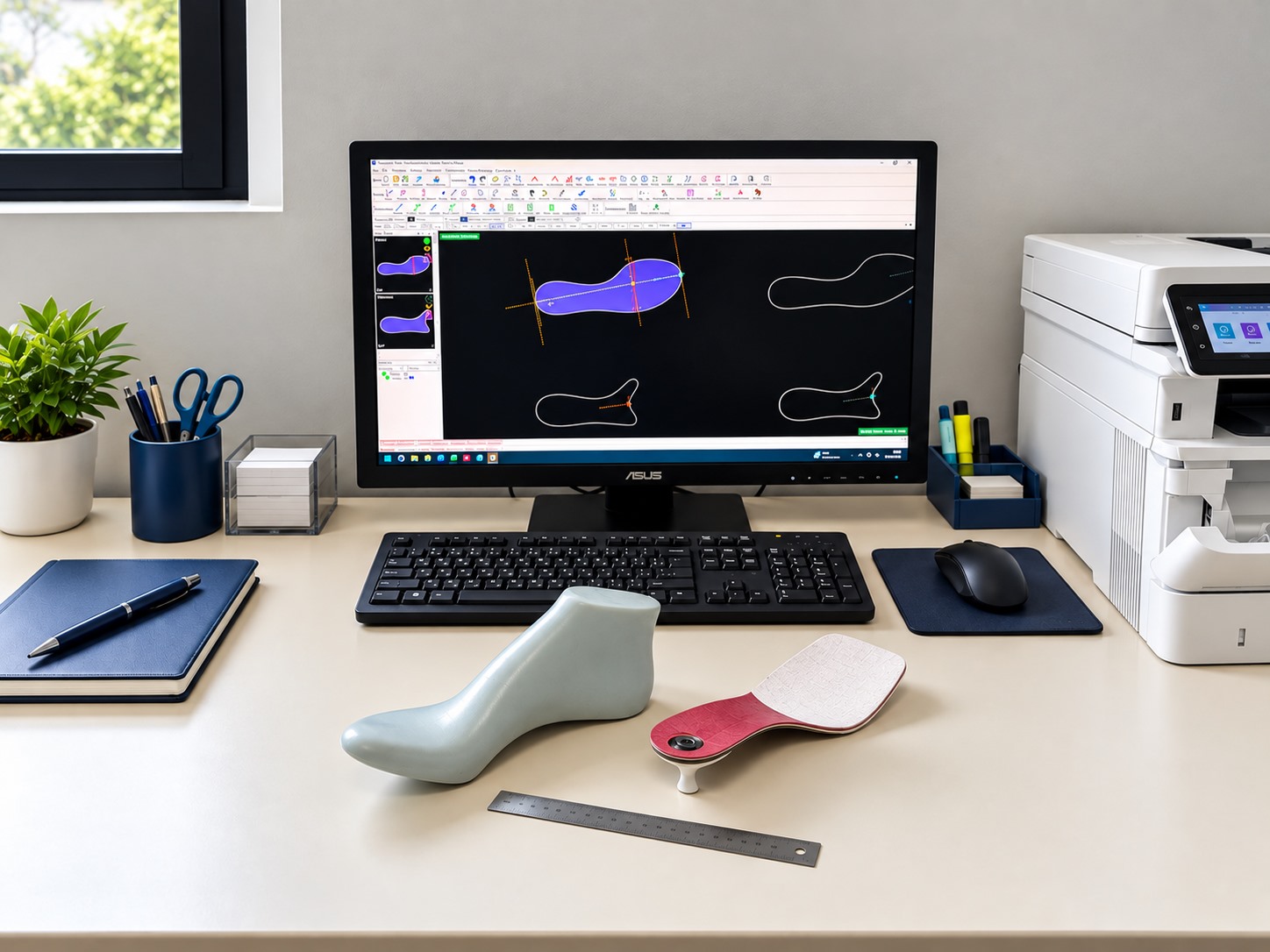 Postazione CAD per la prototipia di sottopiedi con forma e campione
